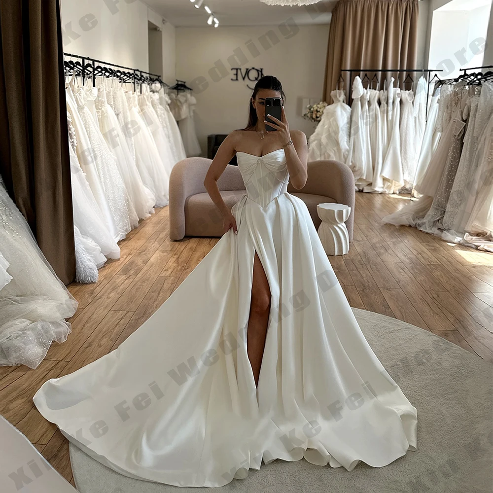 

Ivory Women's Bridal Gowns Satin A-line Sexy Off Shoulder Sleeveless Princess Wedding Dresses Formal Ball Party Customized Robe