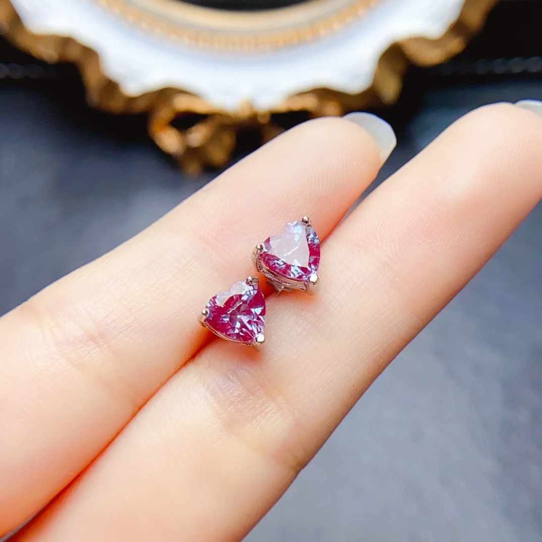Real Silver Earrings Color Changing Alexandrite Heart Stud Earrings Fine Jewellery Ladies 925 Silver Heart Earring