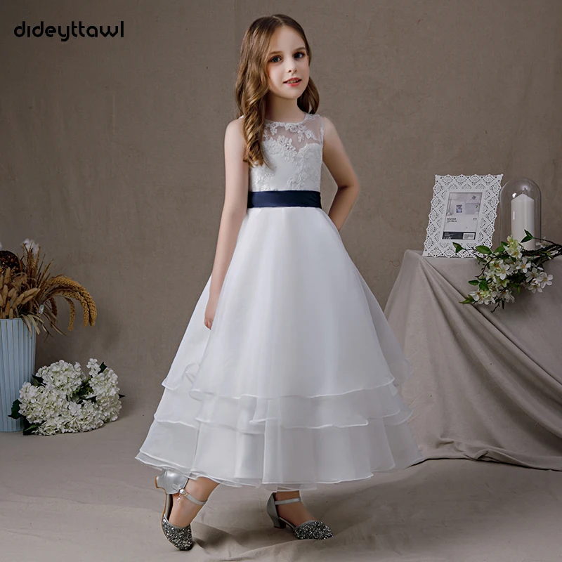 Dideyttawl Tiered First Communion Sleeveless Tea-Length Flower Girl Dress For Wedding Party Lace Junior Bridesmaid Gown