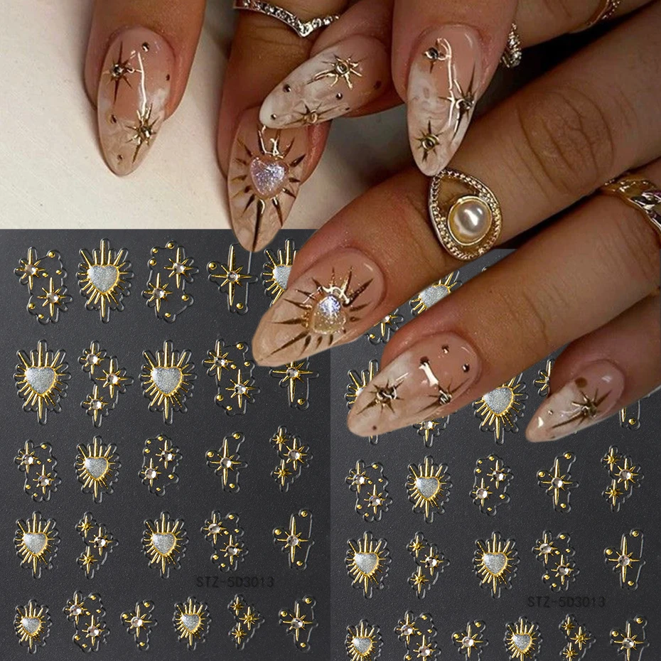 5D Vintage Star Moon Starburst Nail Art Stickers Featuring Love and Stars with Rhinestones Nail Decal Bohemian nail Decoration