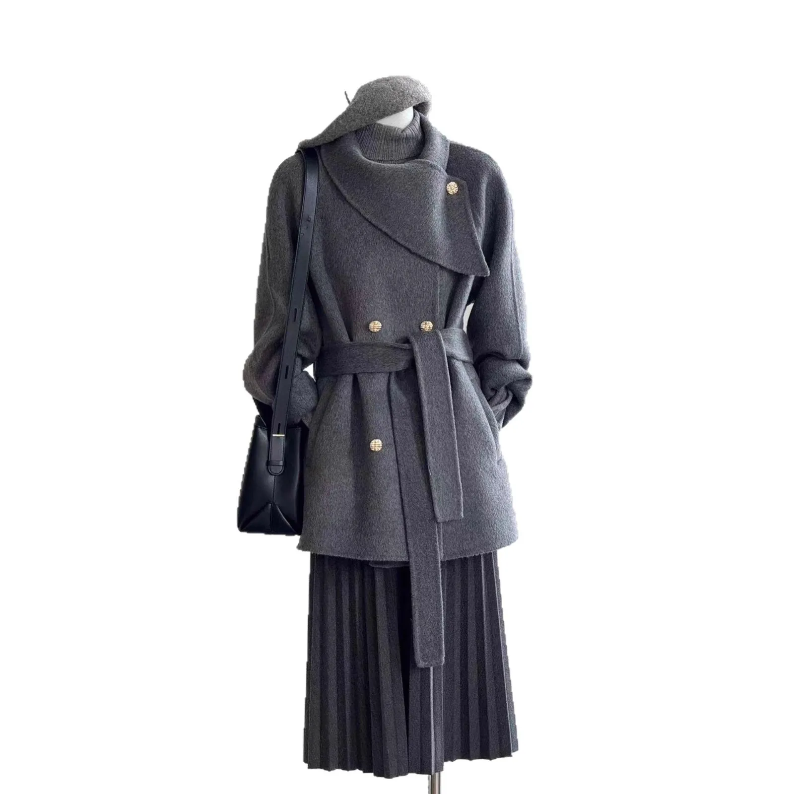 SuperAen Autumn and Winter 2025 New Korean Style Mid-length Woolen Coat for Women Double Breasted Lace-up Jackets