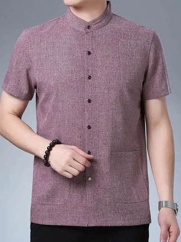 

Chinese Standup Collar Imitation Cotton Linen Shirt Men's Cleanfit Short Sleeve Thin Material Four Seasons Universal