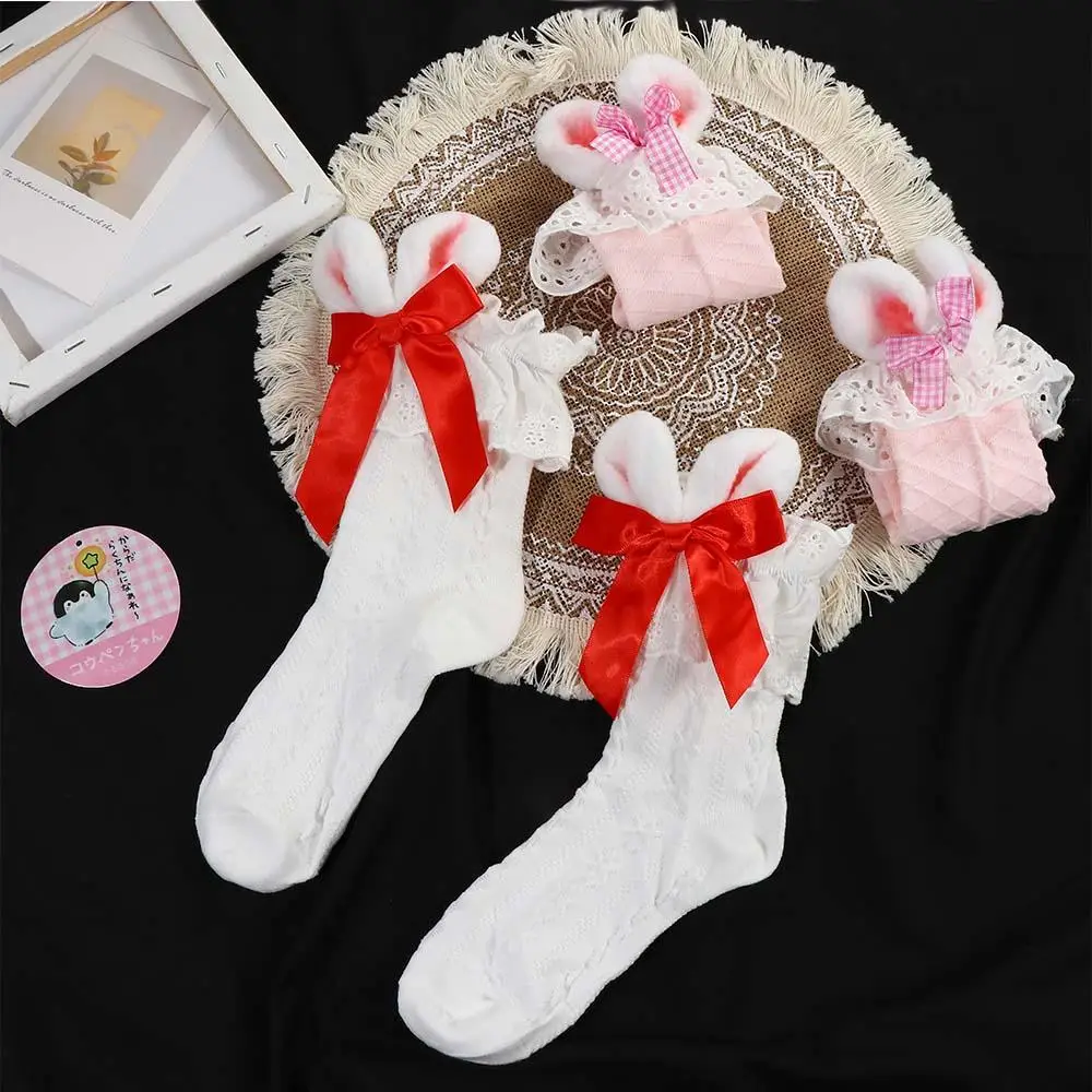 

Cute Transparent Soft Ruffles Lattice Lace Bow Love Heart Women Lolita Socks Rabbit Ears Hosiery Middle Tube Socks