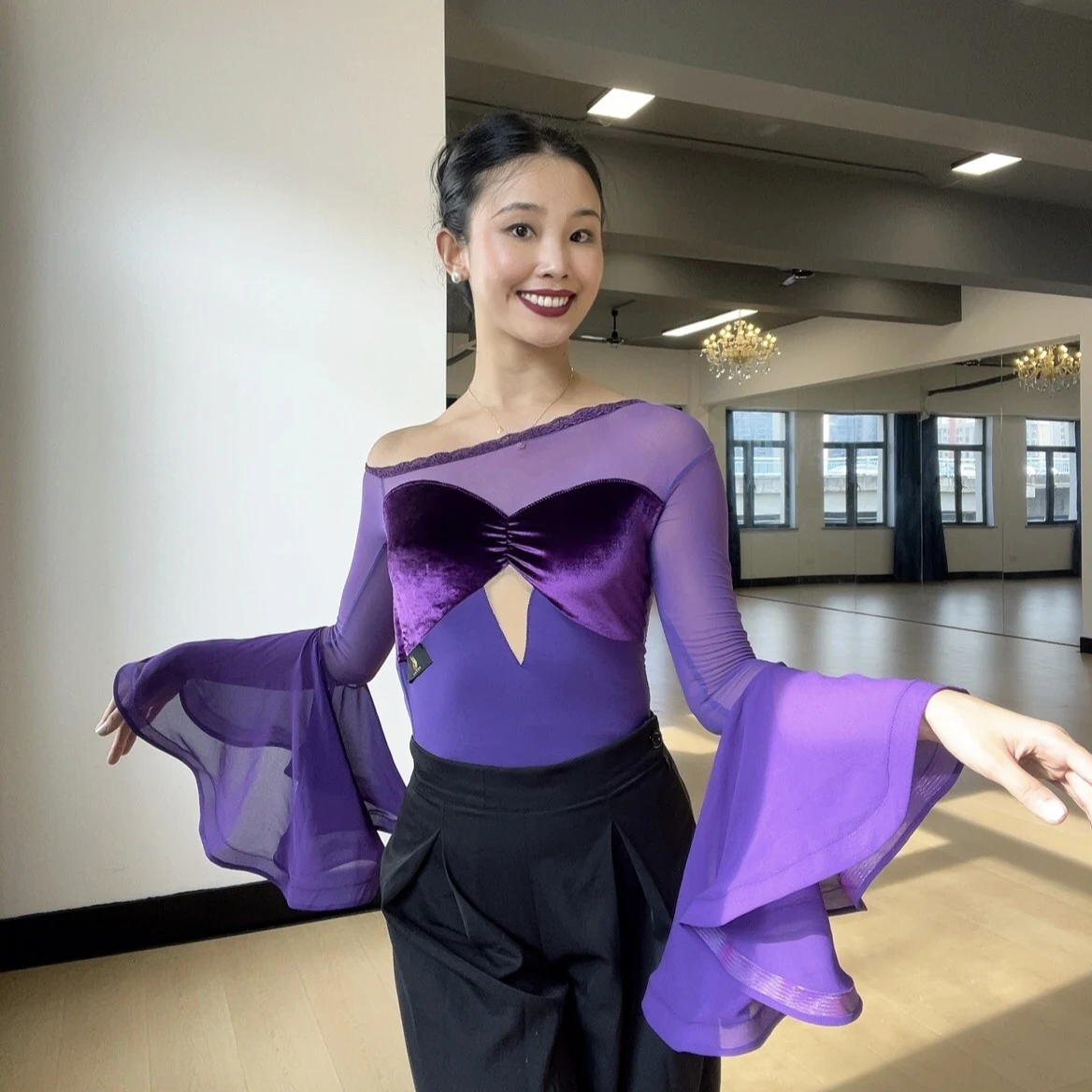 

Новые фиолетовые бархатные топы для бальных танцев, женское боди с наклонными плечами, одежда для вальса, танцевальная одежда для румбы, сальсы, BL17967