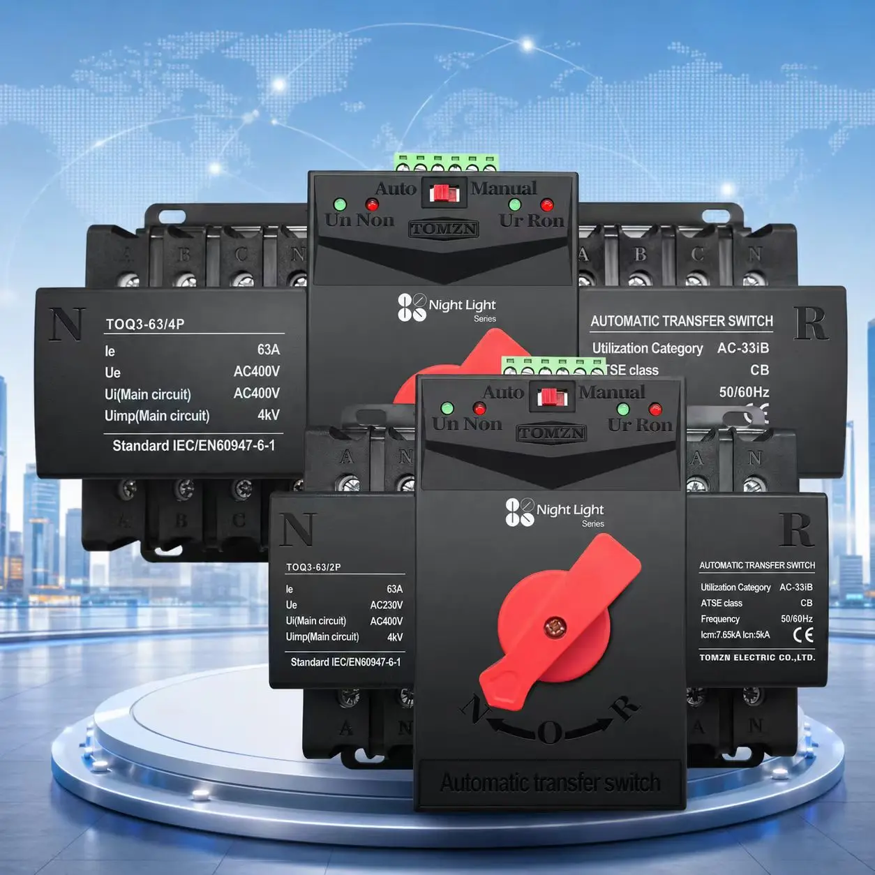 TOMZN TOQ3 Built-in Circuit Breaker – Short-Circuit Overload Protection 2 Input 2/1 Output 2P/4P 63A/125A with Night Light