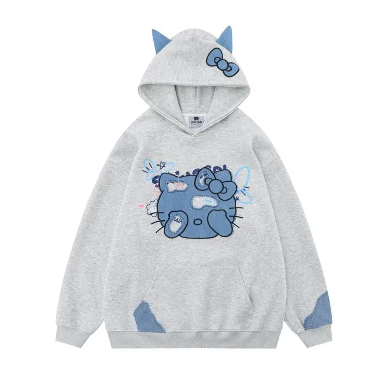 Sudadera con capucha de Sanrio, chaqueta vaquera con parche, Jersey holgado de algodón con dibujos animados de Hello Kitty, ropa de regalo, primavera y otoño, novedad