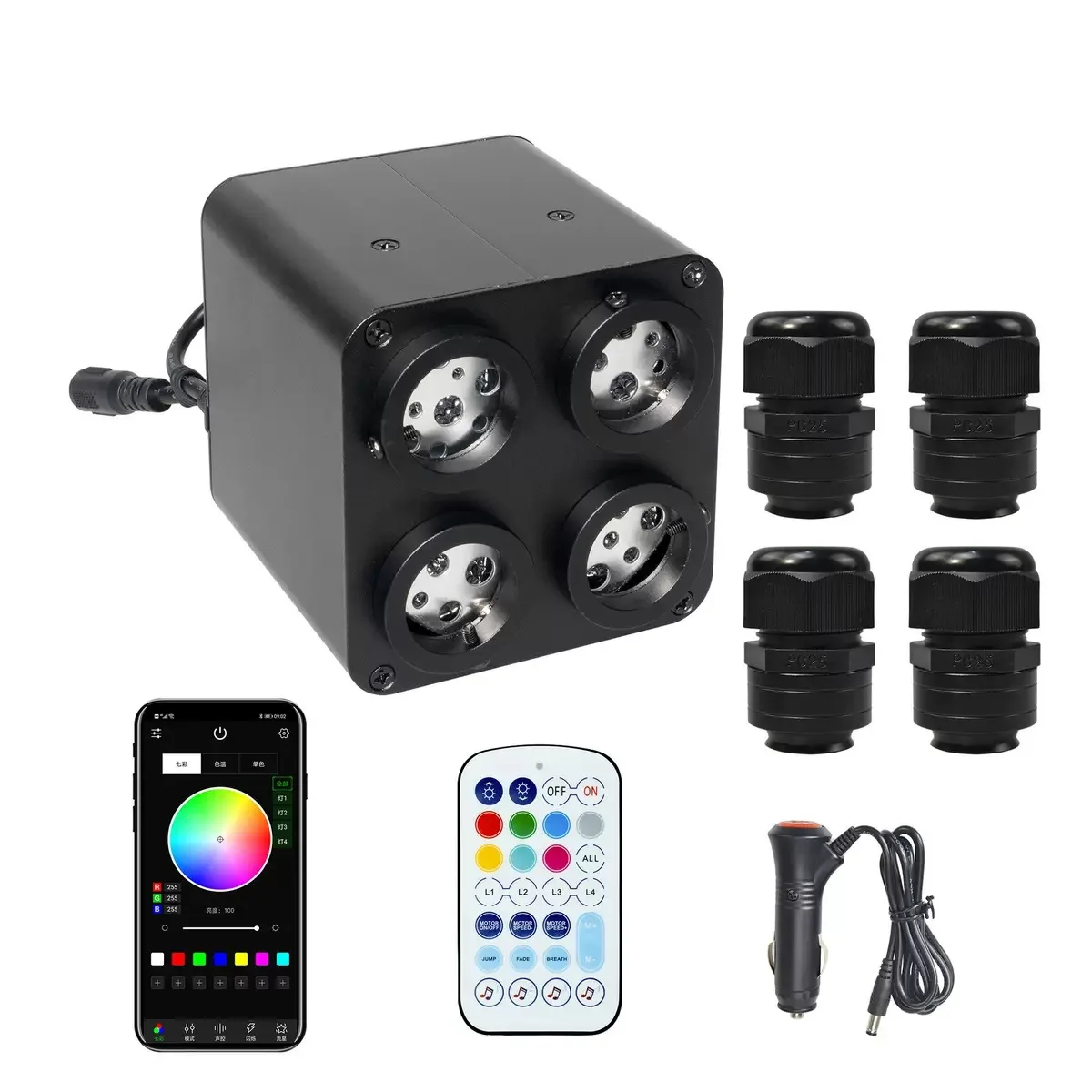 4 Colors Twinkle 36w Headliner Fiber Optic Light 4 Ports Starlight Box App/Sound/Remote Control Car Home RGBW Starry Sky Decor