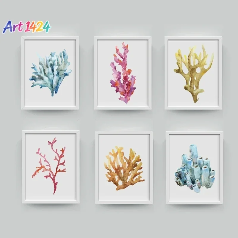 Corals Art Print Wall Pictures Home Decor  , Watercolor Cora Print Wall Art Hanging Bathroom Canvas Painting Nautical Decorat
