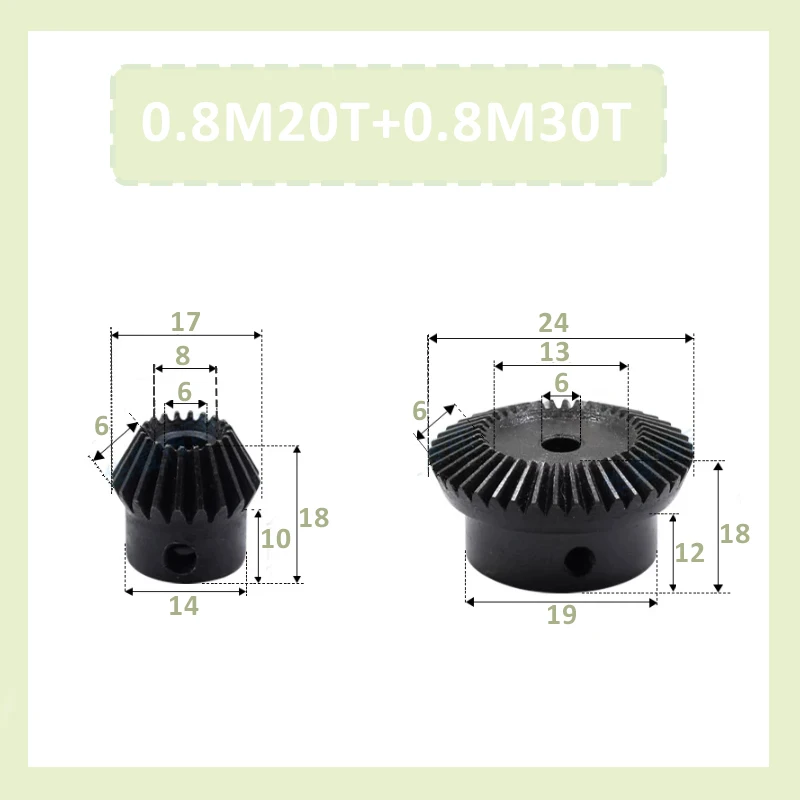 90-Degree Transmission Bevel Gears 0.8M/1.5M/2M/2.5M20T+0.8M/1.5M/2M/2.5M30T Process Hole 8mm 10mm 12mm Bevel Gear Ratio 1:1.5