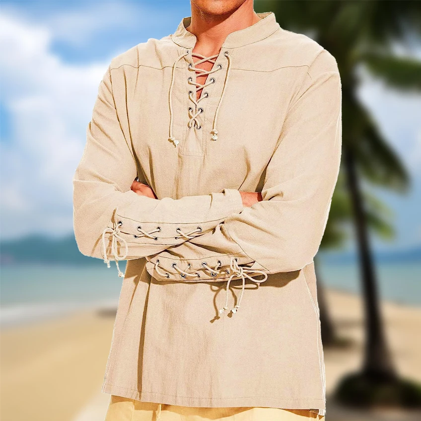 

Mens Autumn Cotton Linen Henleys Shirts Lace Up Beach Shirts Long Sleeve Stand Collar Shirt for Men Fall Casual Tops Clothing