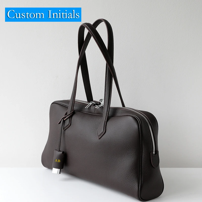 Custom Initials Genuine Leather Boston Bags For Women Luxury Designer Handbags Purses 2026 New In Cowhide Lock Underarm Shoulder