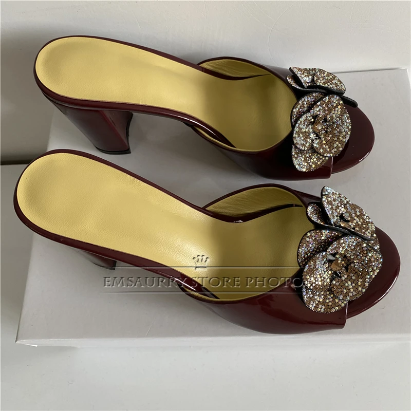 Luxury Jeweled Crystal Flower Decor Mules Summer Chunky Heel Patent Leather Slingbacks Slim Sandals For Girls Women