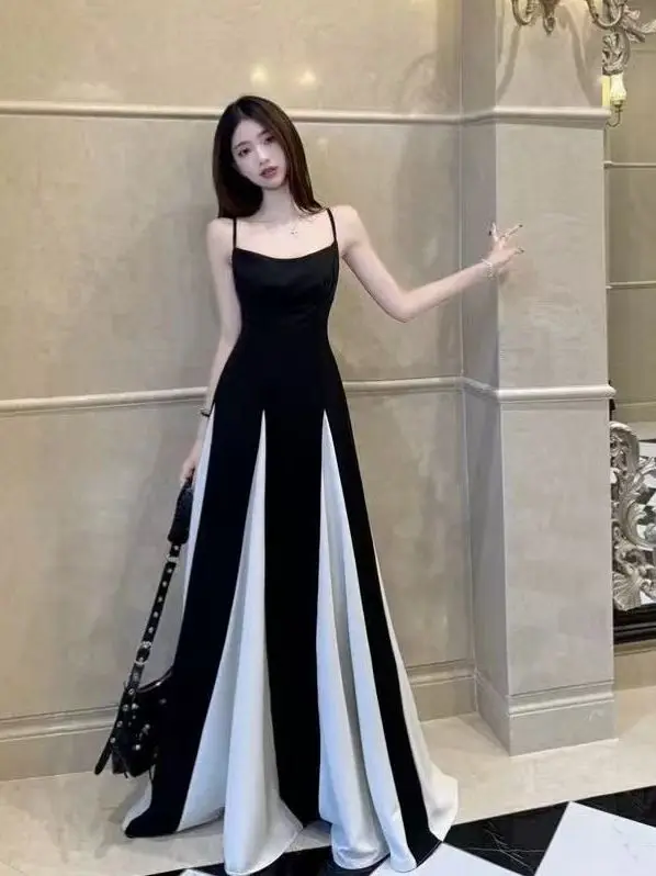 Hebe Style Black White Splicing Strap Dress Women Summer Beach Vacation High Waist A-Line Long Dress Retro Midi Skirt view 5