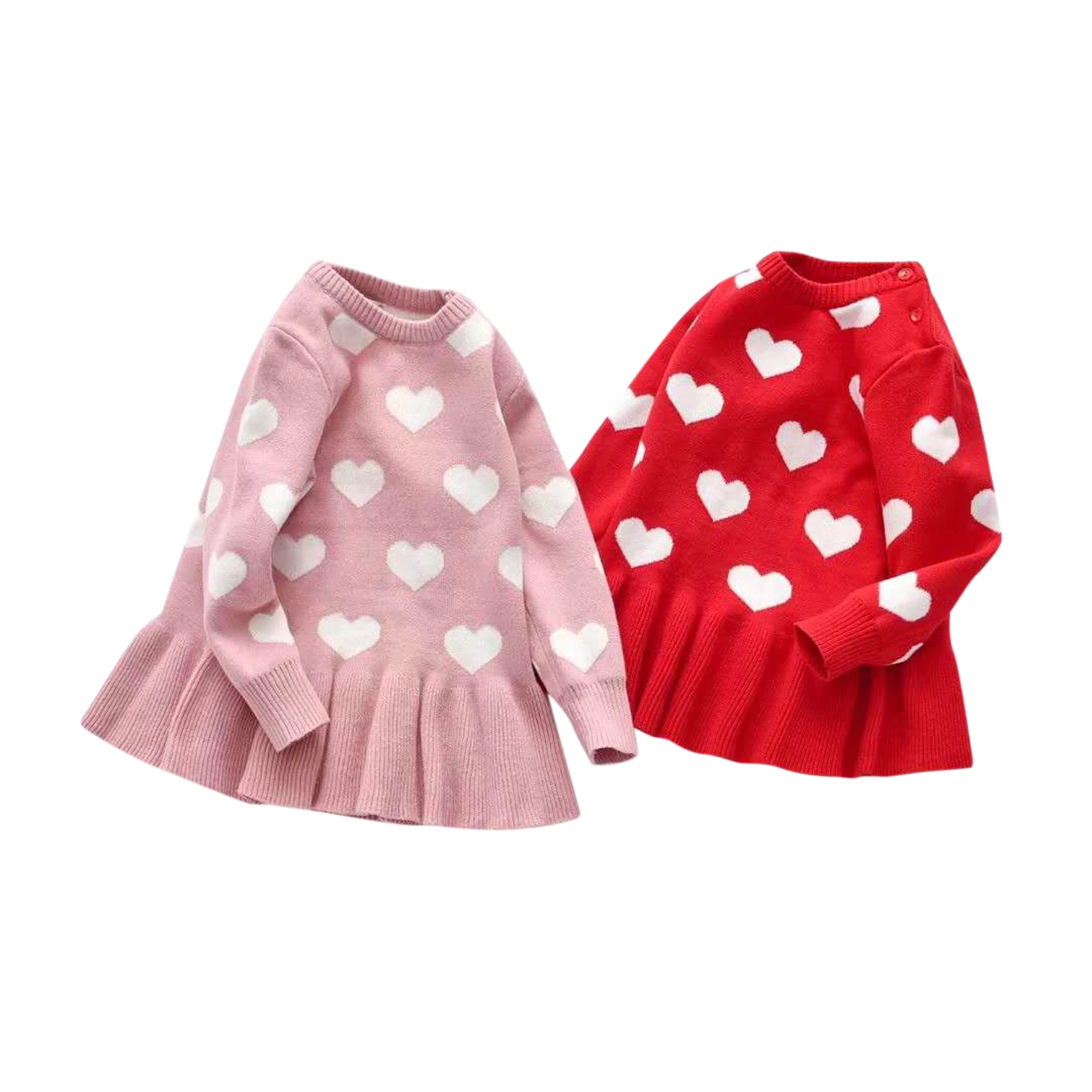 Citgeett Spring Valentine's Day Kids Girls Dress Knitting Sweater Heart Printed Lace Short Skirt Pullover Clothes