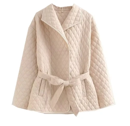 

2024 New Women's Apricot Argyle Quilted Outwear Jacket With Belt Pockets Autumn/Winter Loose Fashion Outerwear Top