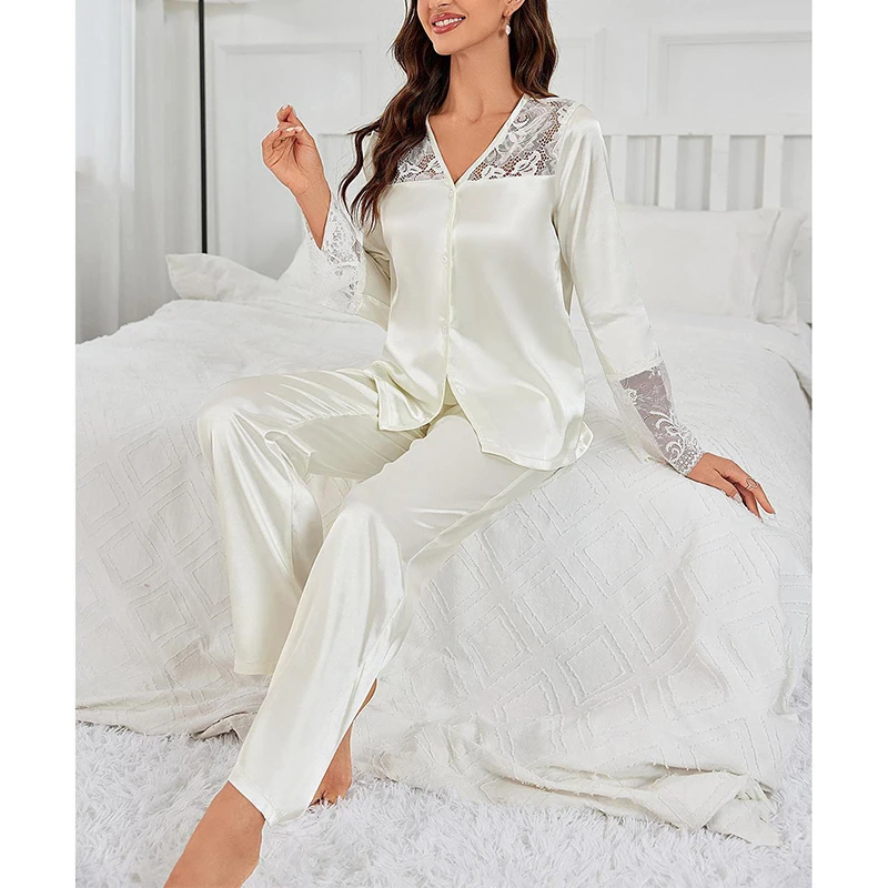 

Autumn White Sleepwear Lace Patchwork Long Sleeve Trousers Pajamas Women's Set Loose Women's Pajamas Home Wears 2Pcs Nightwear