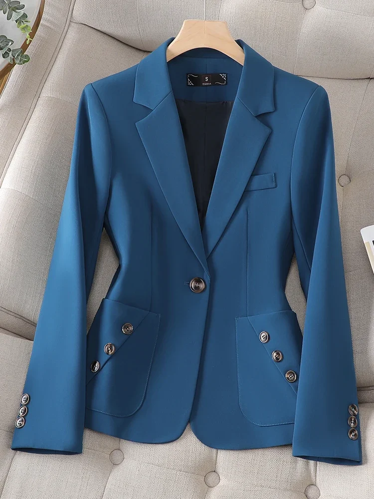 Jaqueta formal justa para senhoras do escritório, blazer de terno feminino, casacos femininos de negócios, roupas de um botão, novo em preto, azul e branco