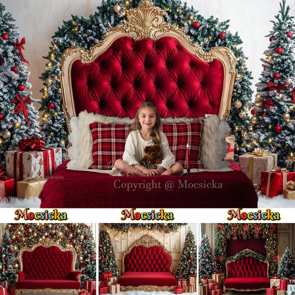Mocsicka الأحمر عيد الميلاد اللوح الأمامي خلفية التصوير الفوتوغرافي غرفة الشتاء بريق شجرة عيد الميلاد هدية خلفية الاطفال الأسرة استوديو الصور