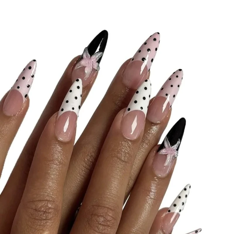 

24PCS French Tip Black White Fake Nails Polka Dot Flower Design Press on Nails Sweet Cool Removable Elegant False Nails Set Art