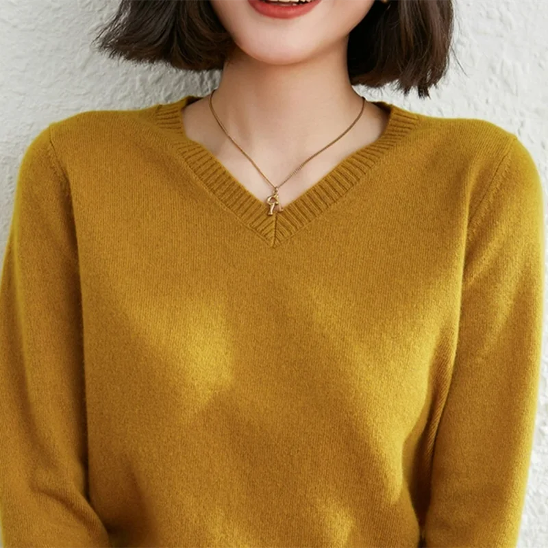 2023 Autumn Winter New 100% Cashmere Sweater Fashion Women Solid Color V-neck Sweaters Female Knit Cultivate Wild Pullovers