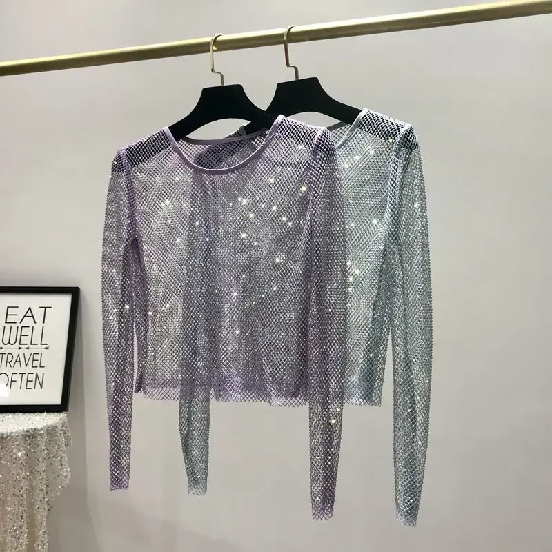 Sexy Net Diamond Crystal See-through Self-cultivation and Slimming Party Shiny Hollow Overcoat Mesh Bottoming Shirt for Women