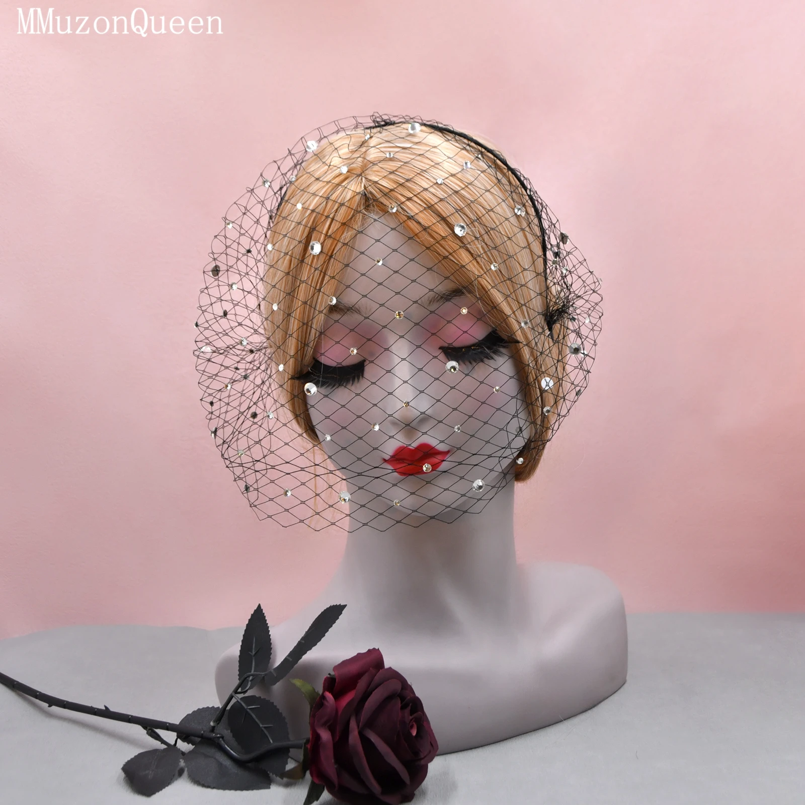 TOPQUEEN Bridal Veil Hair Accessory Bridal Fishnet Headband Party/Wedding Rhinestone Headpiece Single-Layer Headpiece VA12-B