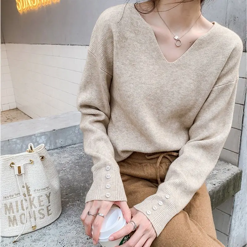 

V Neck Simplicity Loose Sweaters Spring Autumn Long Sleeve All-match Solid Elegant Pullovers Fashion Temperament Women Clothing