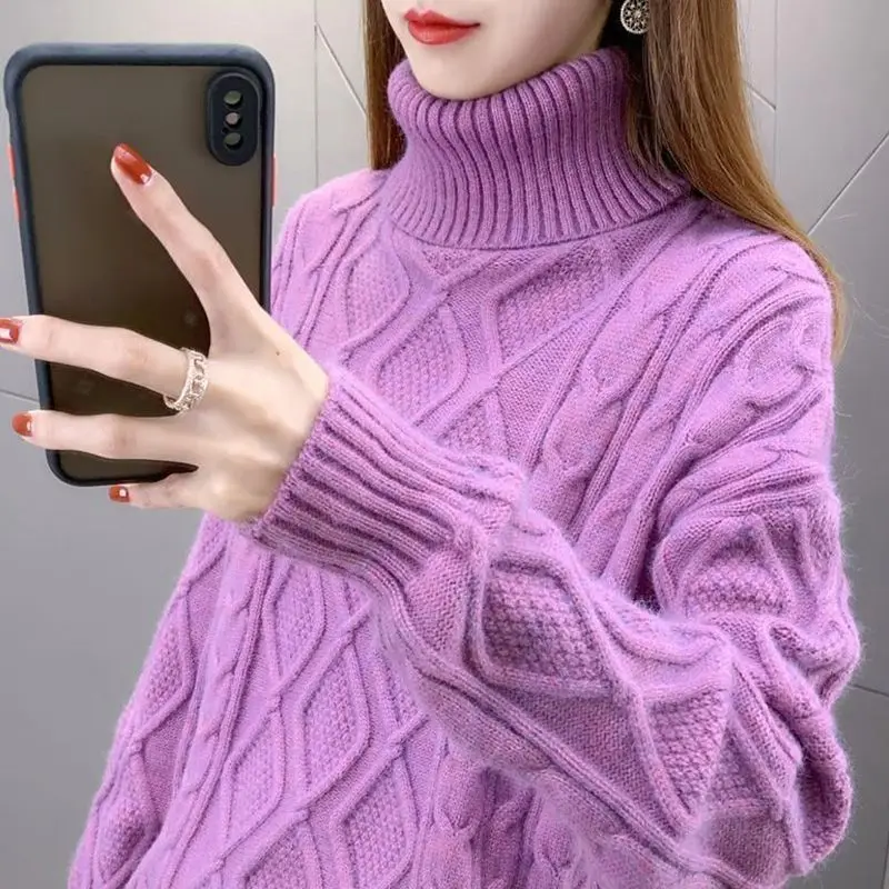 Sweater Women\'s Winter Commuter Loose Fitting Elegant High Neck Knitted Lapel Thickened Base Sweater Women\'s Clothing D116