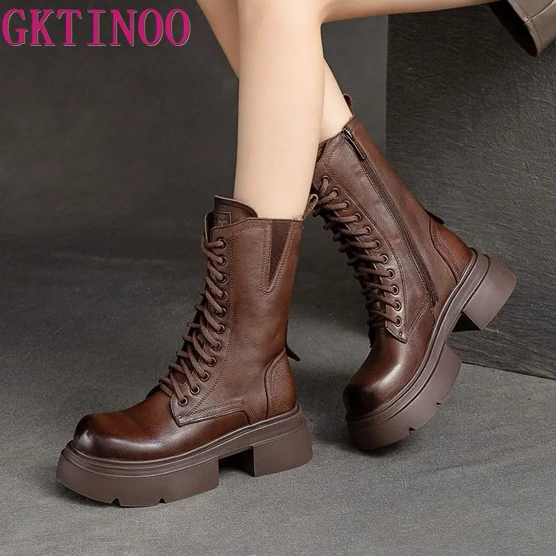 

GKTINOO 2024 Cow Leather Quality Women Shoes Autumn Winter Square Med Heel Ankle Boots Lace Up Zipper Ladies Pumps Size 35-40