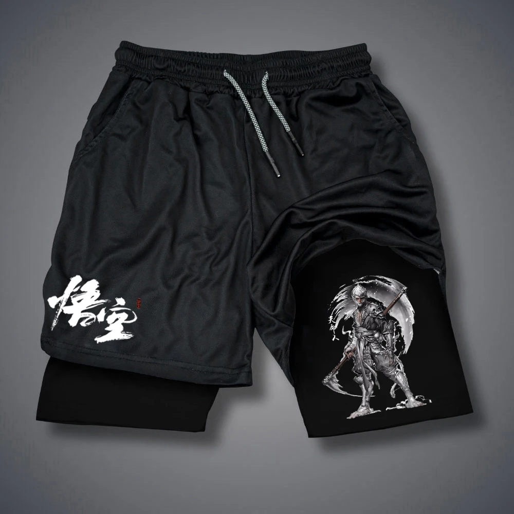 Myth Wukong-pantalones cortos deportivos de doble capa para hombre, Shorts 2 en 1 de secado rápido, transpirables, para correr y Fitness