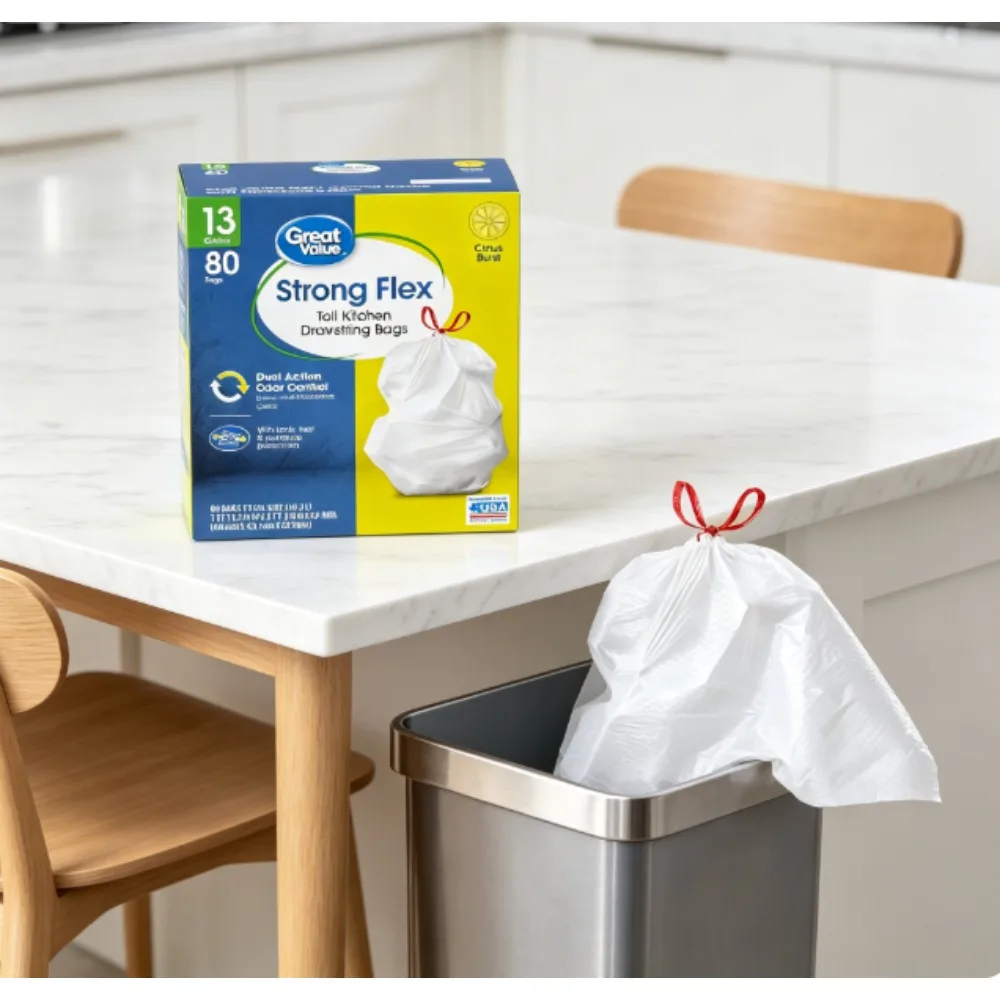Great Value High-Stretch 13-Gallon Drawstring Tall Kitchen Trash Bags, Citrus Flavor, 80-Pack