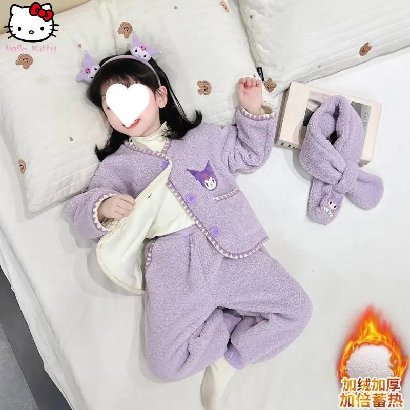 

Kuromi Girls Cartoon Warm Pajamas Set Anime Autumn Winter Clothing Kawaii New Sanrio Fashionable Sweet Thickened Home Clothing