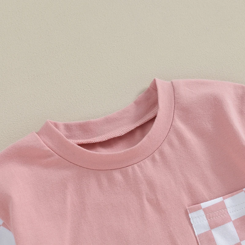 Infant Girls Summer Clothes Outfits Checkerboard Patchwork Crew Neck Short Sleeve T-Shirts and Elastic Waist Shorts Suit image 4
