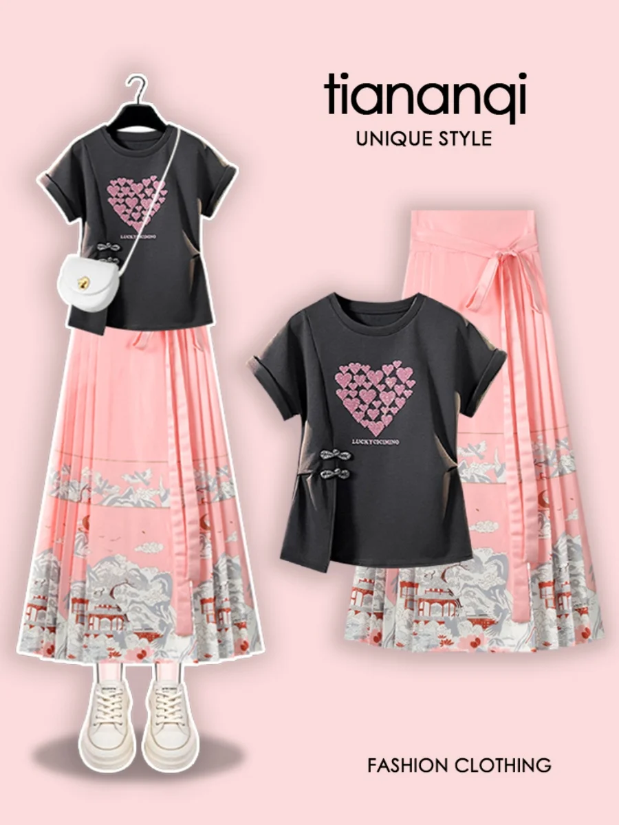 

Sweet Sle plus Size Faionable Bla T-irt with Floral Print round Ne Matching Youthful Pink 3D Flower Tails Ski...