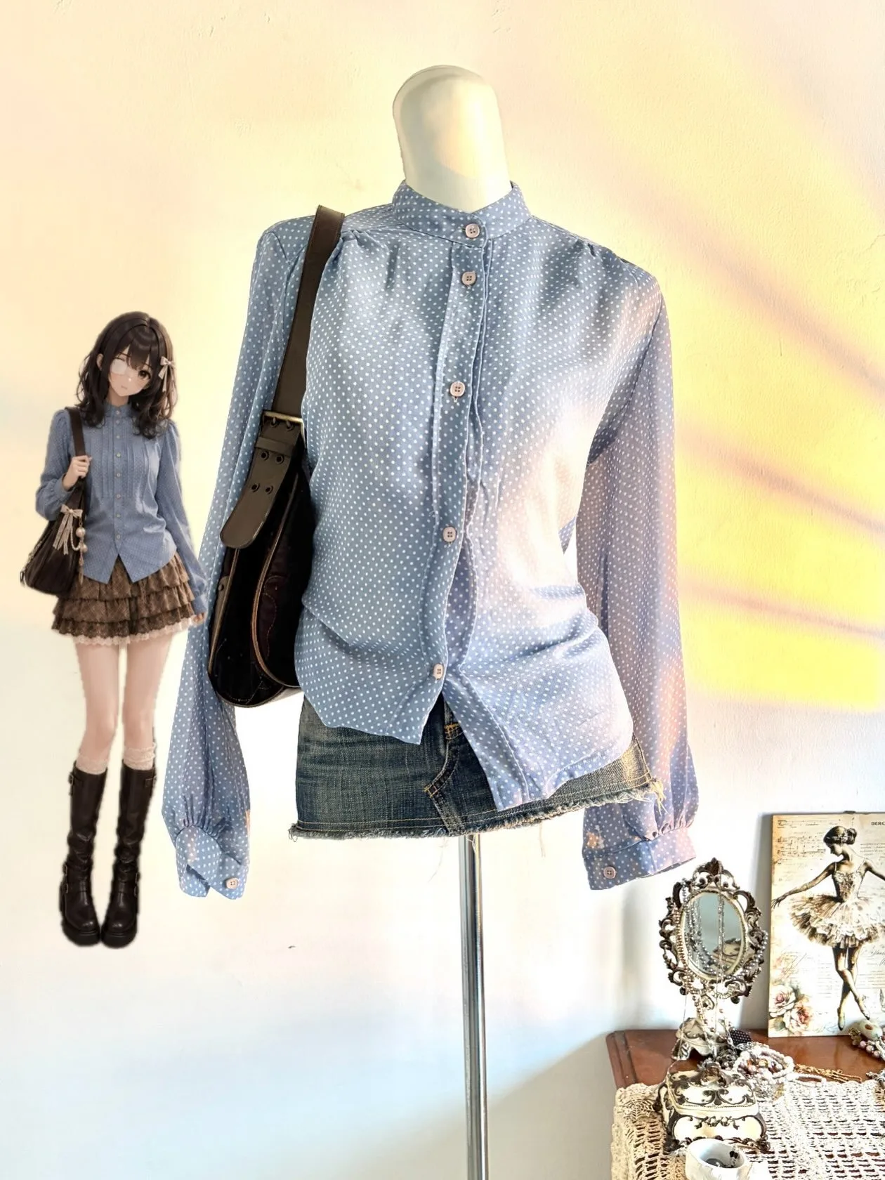 Cottagecore Women Vintage Polka Dot Shirt Blue Stand Collar Puff Sleeve Button‑Up Y2K Sweet Chiffon Blouse Top