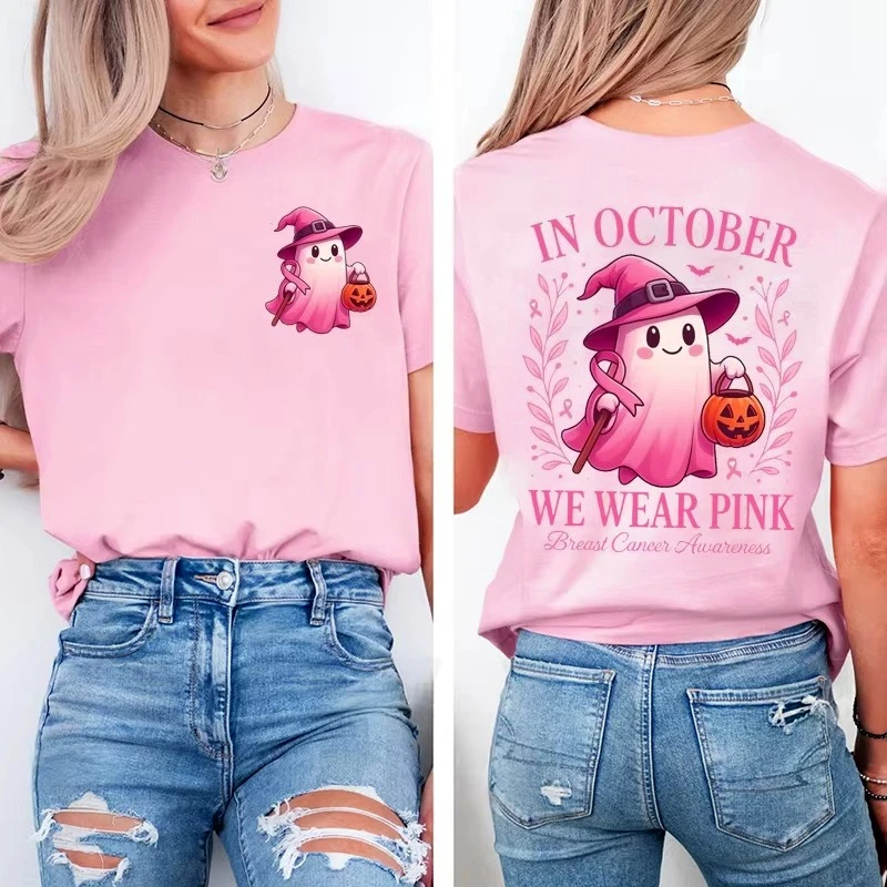 Im Oktober tragen wir rosa: T-Shirt mit grafischem Aufdruck zur Sensibilisierung für Brustkrebs, lässige Oberteile, Halloween, rosa Geister, Damenmode – Detail 14