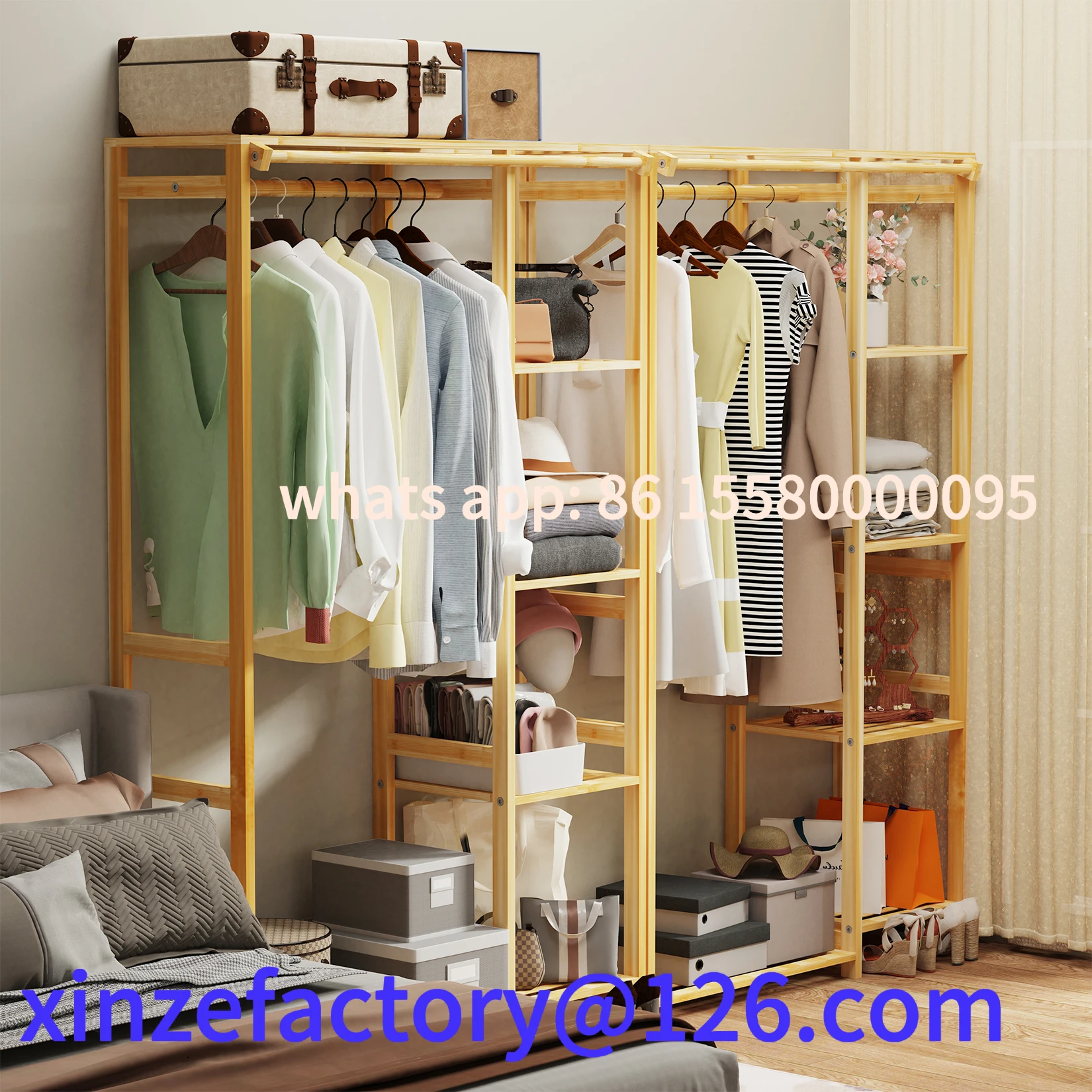 

Customizable 6 Tier Bamboo Garment Rack Open Wardrobe Closet Stand Storage Shelves with Hanging Cover Clothing Hanging Organizer