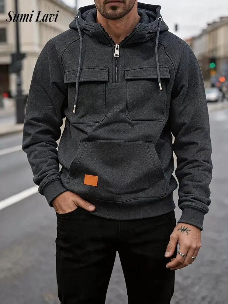 Fashionable Autumn Winter Hooded Pullover Solid Color Multi Cargo Pocket Long Sleeve Sweatshirt Daily Street Matching Tops Men