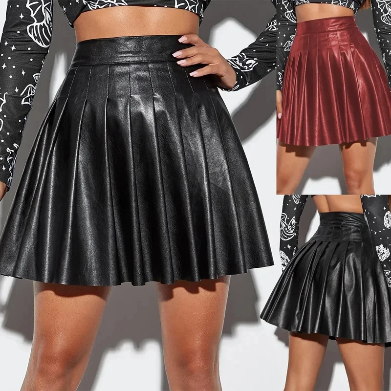 2026 European Ins Fashion Pu Leather Pleated Mini Skirt Women High Street Slim Short Skirt