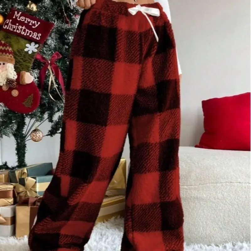 

New Women Pajama Pants Winter Vintage Elastic Sleepwear Check Straight Loose Thick Warm Casual Trousers Nightwear Set