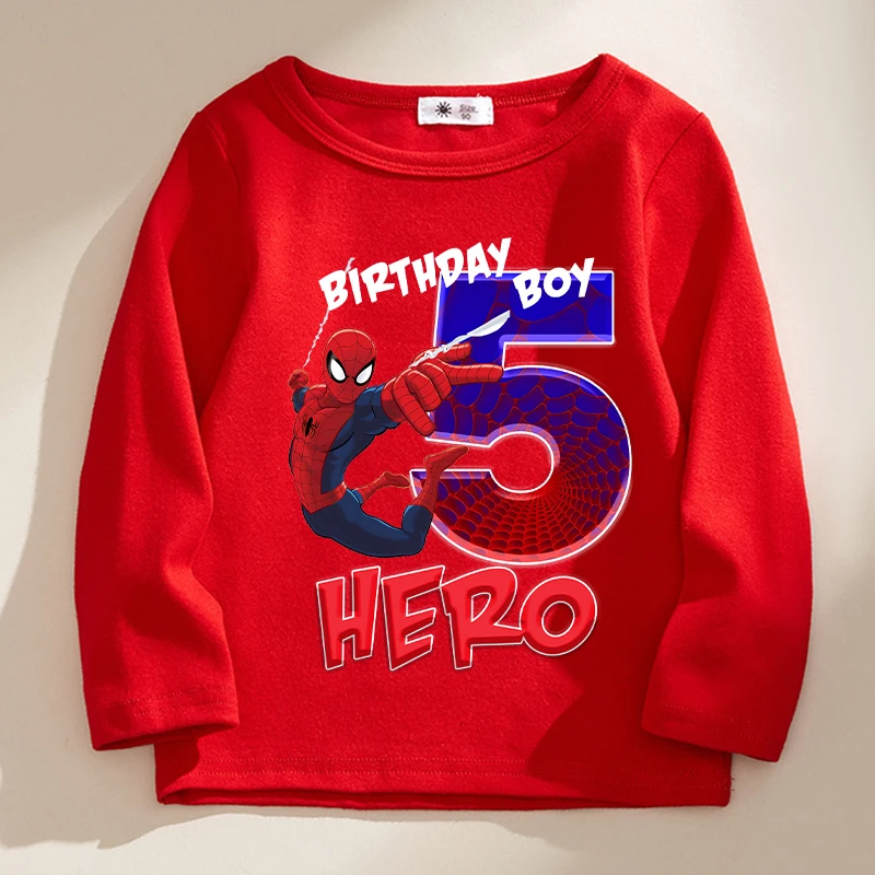 ใหม่ Spiderman เด็กเสื้อยืดการ์ตูนวันเกิดหมายเลข 1-9 พิมพ์เสื้อลําลองแขนยาวเสื้อยืดฤดูใบไม้ร่วงเด็กเสื้อผ้า