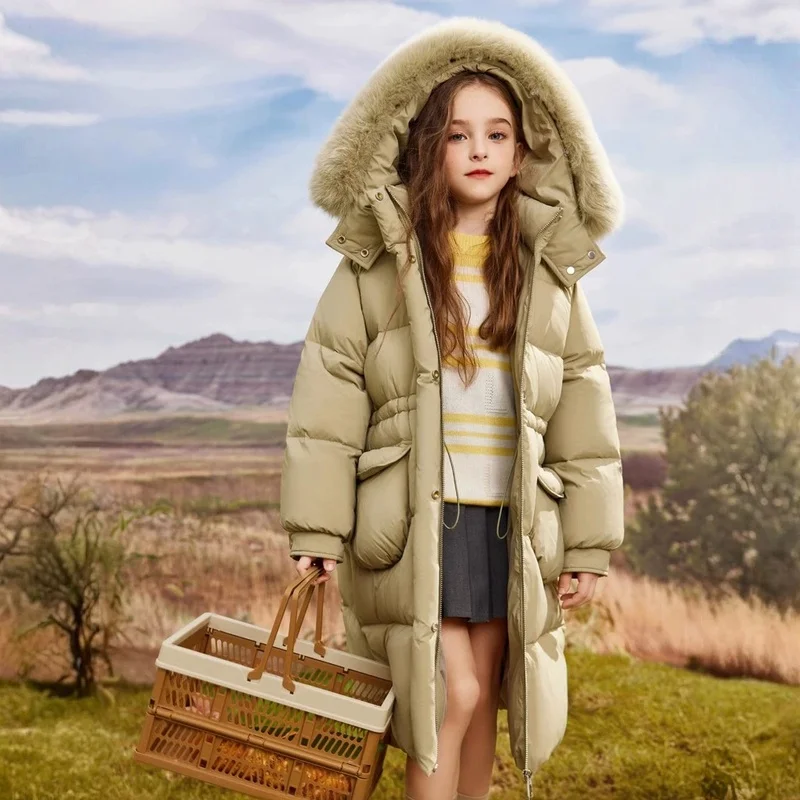 

Новая зимняя пуховая куртка для девочек, пальто средней длины, детское толстое пальто для детей 5-14 лет, стеганое пальто с шерстяным воротником для девочек