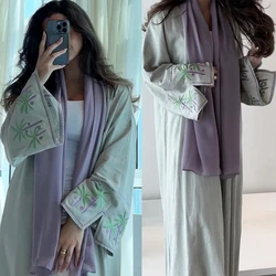 Chic Ramadan etnico musulmano Kimono aperto Abaya per le donne della turchia modesto ricamo solido manica intera marocchino arabo donne Robe