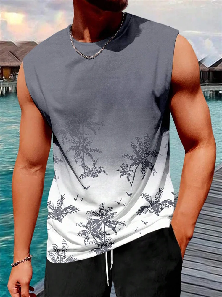 Stylish Men\'s Vacation Hawaiian Vest Gradient Coconut Print Casual Yacht Party Vest Plus Size Mens Resort Breathable T-Shirt Top