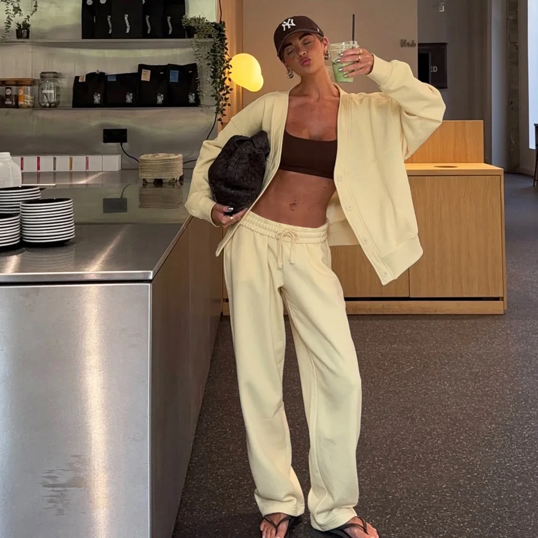 

Gtpdpllt 2025 Fall Women Sporty 2 Piece Set Casual V-Neck Single Breasted Jacket+Drawstring Pants Matching Streetwear Tracksuits