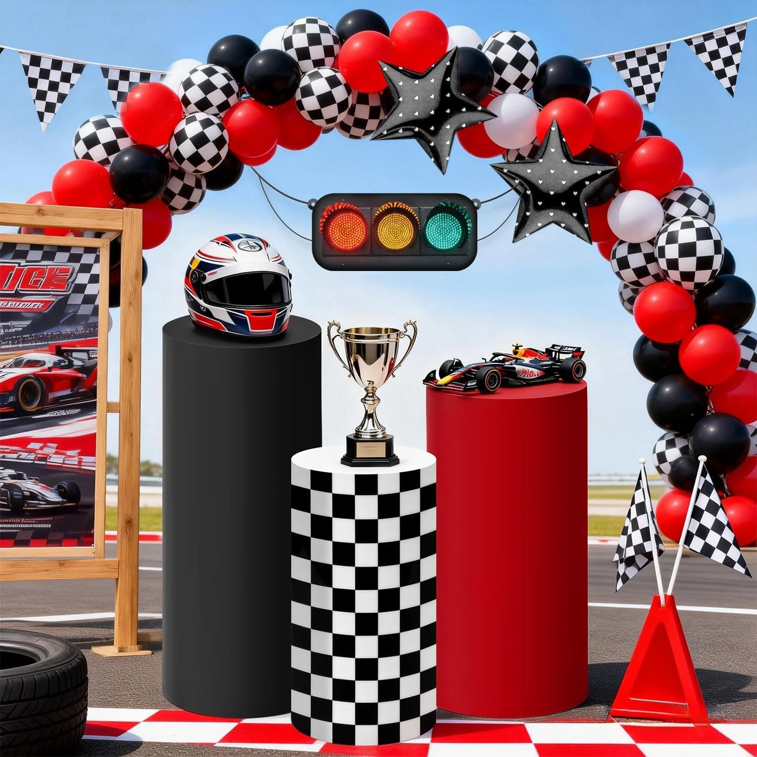 Yeele Race Car Theme Cylinder Stand Cover Backdrop Black Red Checkered Boys Birthday Party Decor Elastic Dessert Table Covers