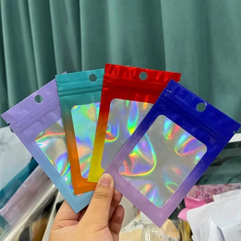 

300PCS Hologram Gradient Aluminum Foil Ziplock Window Bag DIY Holographic Jewelry Ornaments Hardware Snack Packaging Pouches
