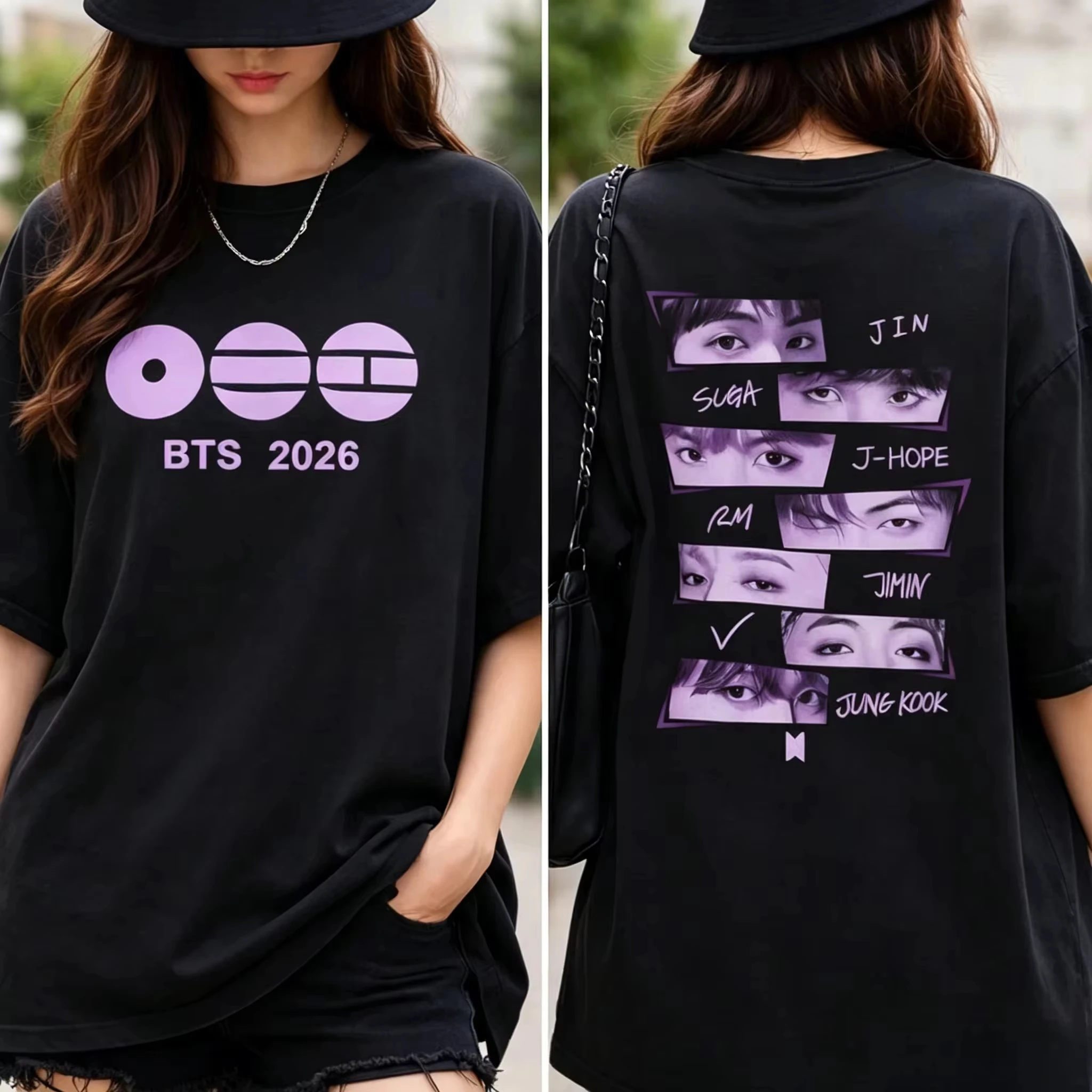 Family Matching BTS Graphic T‑Shirt Pink Tie‑Dye Short Sleeve with Members Portrait Print for Women and Men Kids Kpop Casual Top