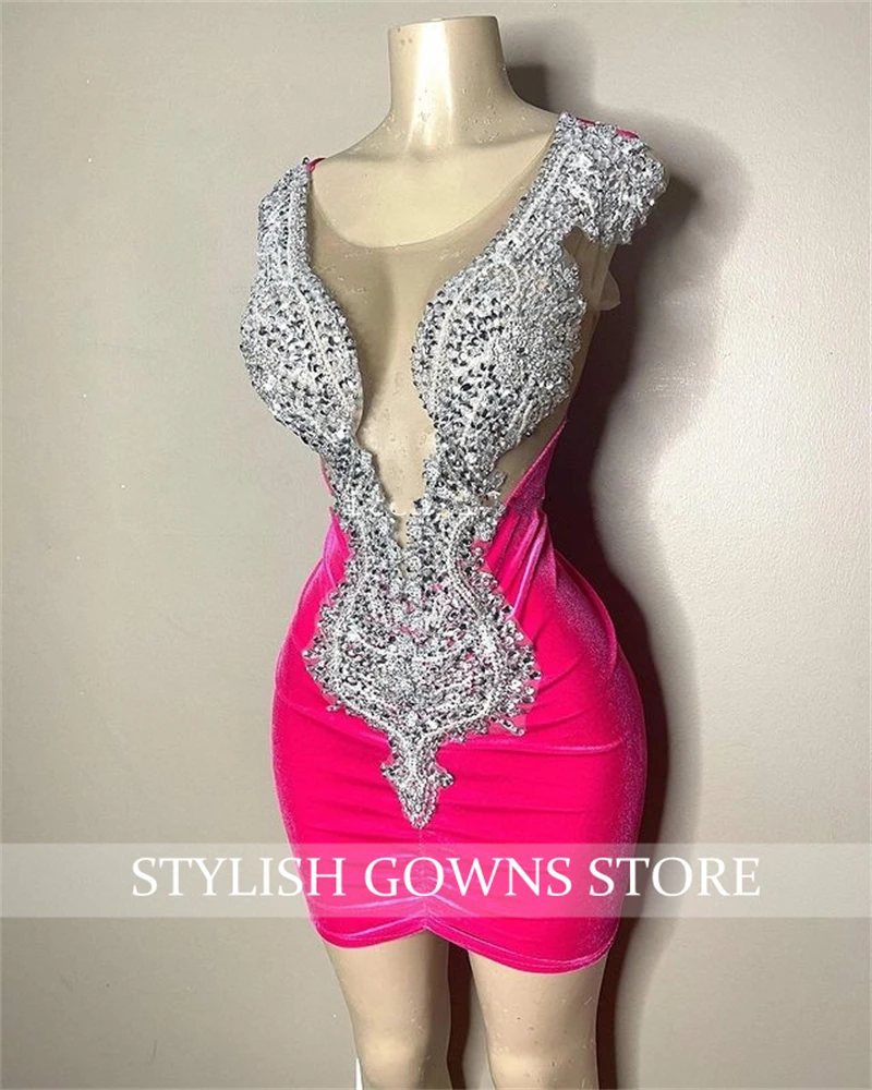 Sexy Pink Short Prom Dress Beaded Crystal Celebrity Gown Mermaid Birthday Party Dresses Mini Cocktail For Black Girls Customized