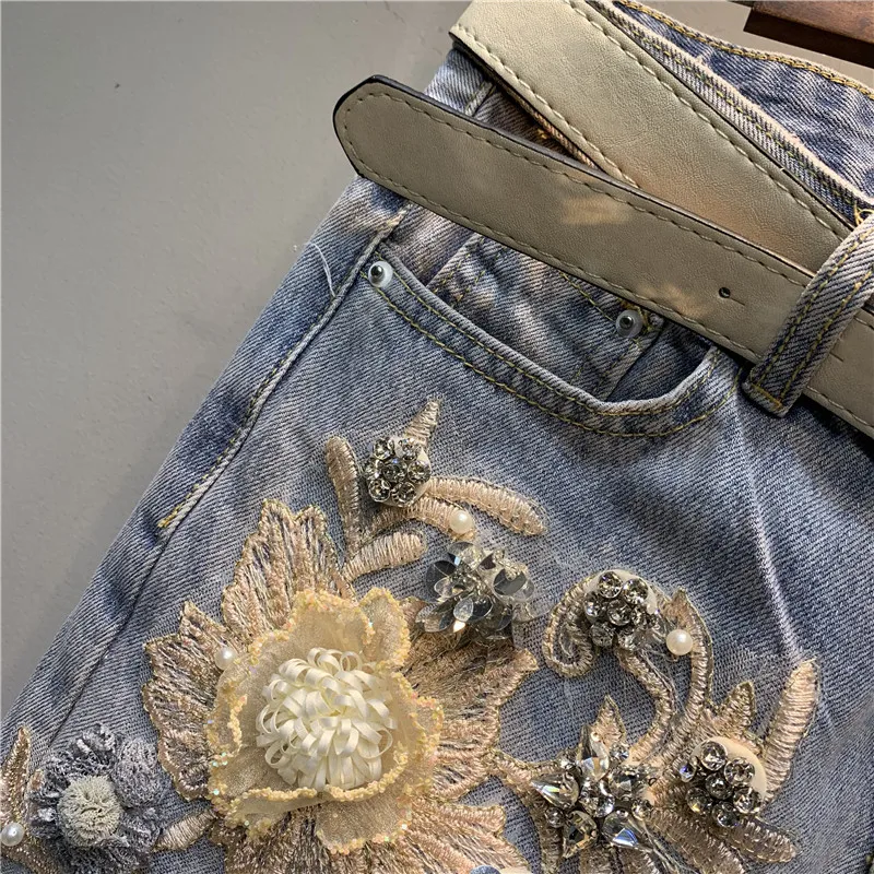 European Goods Heavy Industry Beads Diamond 3d Flower Hole Light Jeans for Women 2024 Spring Autumn High Waist Harem Pants